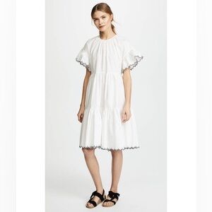ULLA JOHNSON Rosemarie Embroidered Dress Sz 0 White Tiered Flutter Sleeve Black